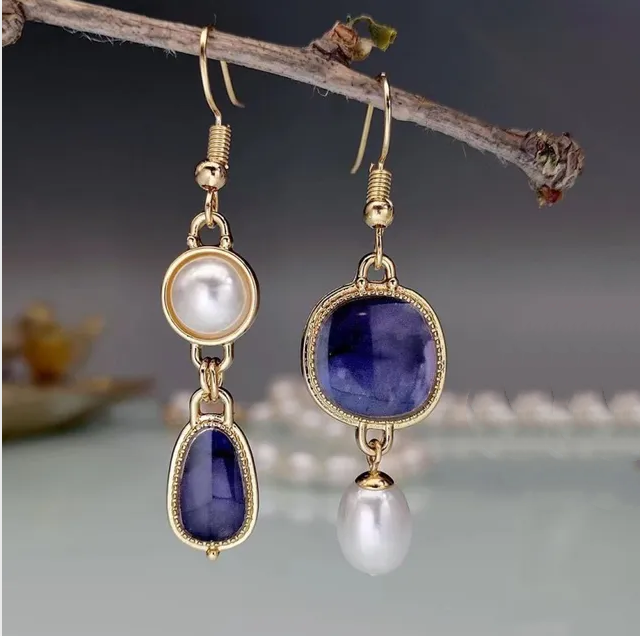 Vintage Blue Stone Pearl Earrings